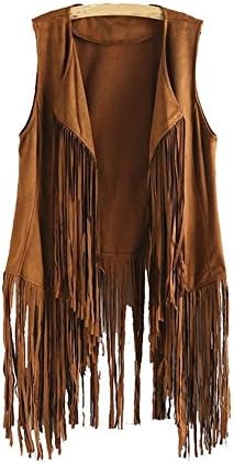 Kstare New Women Fashion Autumn Winter Faux Suede Ethnic Sleeveless Tassels Fringed Vest Cardigan (Khaki, S)