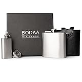 Hip Flask For Liquor And Whiskey | Premium Set for Men/Women, Great Gift | 6oz With Bonus Mini 2oz Flask, Funnel and Leather Cover 100% Leak Proof Stainless Steel (SS304 18/8) By BODAA 2018