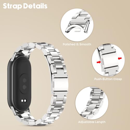 Metal Strap Compatible with Xiaomi Mi Band 10, 9 and Xiaomi Band 8 | Stainless Steel Bracelet for Miband 10/9/8 for Watches, Men and Women
