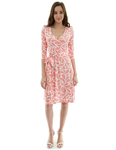 PattyBoutik Women Faux Wrap A Line Dress (Orange and White 28 Small)