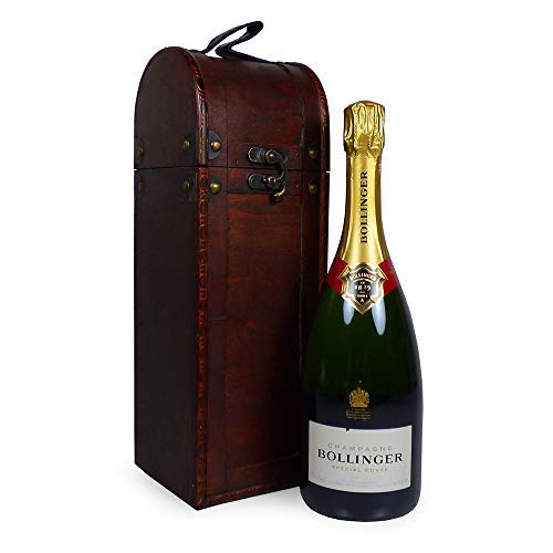 Champagne Bollinger spécial cuvée 75cl présenté dans un porte-vin en bois souvenir – idées pour Noël, anniversaire…