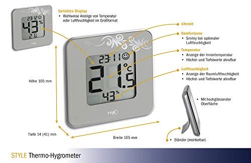 TFA 30.5021 Style - Termoigrometro Con Orologio Digitale, Display 30 Mm, Indicatore Comfort, Per Parete O Tavolo, Batteria Inclusa