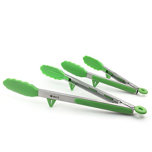 BGT Kitchen Tongs Set Of 2-9 Inch & 12 Inch Heat Resistant Stainless Steel Silicone Cooking Tongs For Barbecue Grilling, Heavy Duty Locking Food Tongs Non-Slip Grip (Green)