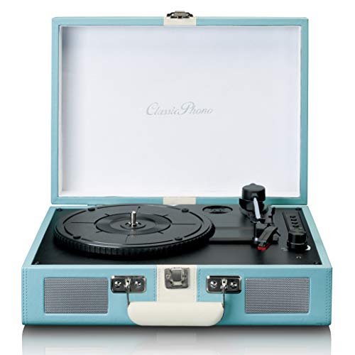 Classic Phono by Lenco TT-110 - Tocadiscos (33, 45 y 78 RPM, Bluetooth, transmision por Correa, 2 Altavoces, Entrada Auxiliar, Salida RCA, 3,5 mm), Color Azul y Blanco