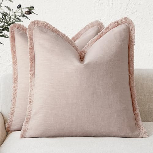 Foindtower Set of 2 Decorative Linen Fringe Throw Pillow Covers Boho Farmhouse Cushion Cover with Tassels Soft Accent Pillowcase for Couch Chair Sofa Bed Living Room Home Decor,22×22 Inch,Light Pink