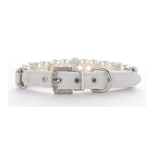 Stock Show 1Pc Dog Cat Cute Fashion PU Leather Pearl Collar with Crystal Rhinestone Diamond Decor Pet Adjustable Neck Strap Accessary for Wedding Birthday Party, White, S