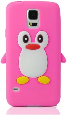 New Case for Samsung Galaxy S5 V i9600 Cute Penguin Soft Silicone Rubber Skin Cover-Hot Pink(Random Gift 2 PCS Cartoon Sticker)