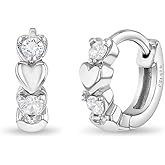 925 Sterling Silver Shining Cubic Zirconia Heart Huggie Hoop Earrings for Toddlers & Little Girls 10mm - Beautiful Heart Themed Jewelry Gift for Children - Fashionable Earrings for Toddlers