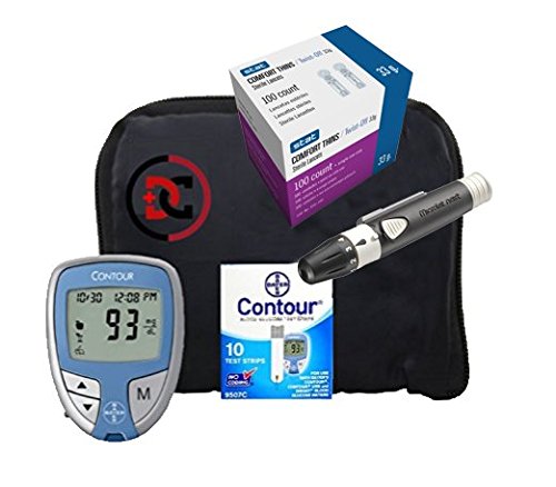 Ascensia Contour Complete Diabetic Blood Glucose Testing Kit, Meter, 10 Test Strips, 10 Lancets, Adjustable Lancing Device, Control Solution, Owners Log Book & Manual â€¦