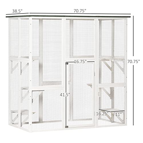 PawHut Large Wooden Outdoor Cat House Catio Enclosure, Kitten Cage with Weather Protection, Cat