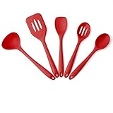 Silicone Kitchen Utensils Set 5 Pieces Hygienic Solid Coating Heat Resistant Cooking Tools Set Include Spatulas Spoons Turner Ladle (Cherry Red)