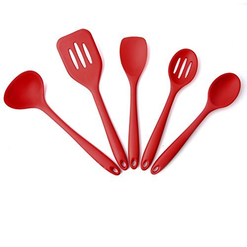 Silicone Kitchen Utensils Set 5 Pieces Hygienic Solid Coating Heat Resistant Cooking Tools Set Include Spatulas Spoons Turner Ladle (Cherry Red)