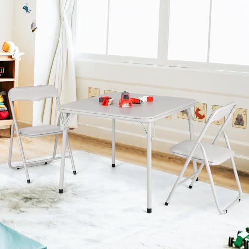 Garvee Kids Folding Table and Chair Set, 1 Table + 2 Chairs, Beige, Children Activity Table with Metal Frame & PU Surface, Foldable Toddler Furniture for Eating Reading Playing
