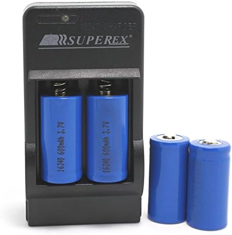 SUPEREX 4PCS 600mah 3.7V CR123A 16340 Li-ion Rechargeable Battery for Flashlight Photo Camera Toys + Charger
