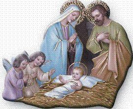 Plaque Crib Nativity Scene. Magnetic Crib 6cms x 7cms. Jesus, Mary and Joseph with Angels.