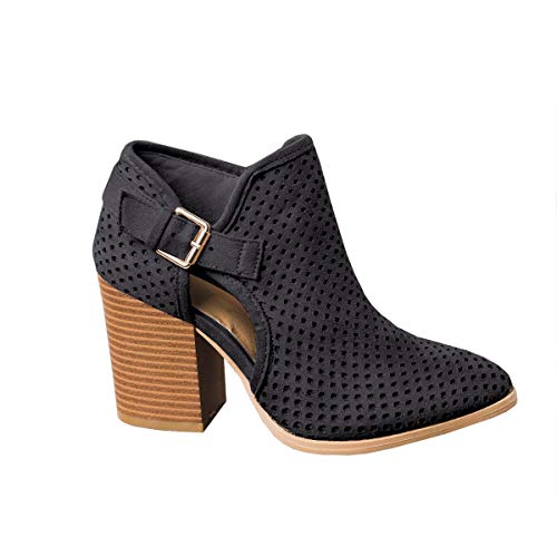 Womens Cut Out Booties Ankle Strap Block Heel Pumps Leather Stitch Boots Black