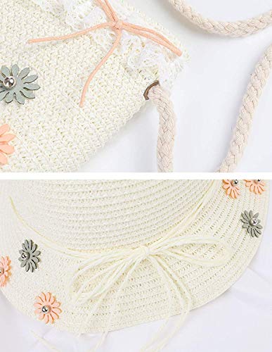 Straw Sun Hat Bag Set, Cute Bow Summer Beach Flower Bow Lace Sun Cap and Handbag for Kids Girls (White)
