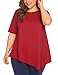 Sweetnight Women's Casual O-Neck Short Sleeve Solid Asymmetrical Pleated T-Shirt Blouse Top Plus Size (XXL, Wine Red)