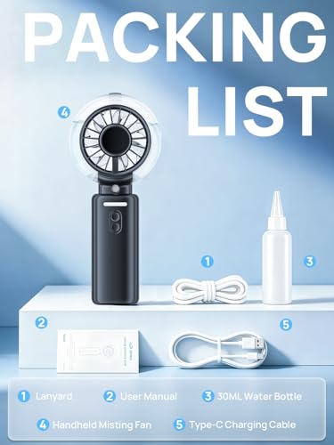 Portable Mini Misting Fan - 100 Speeds Small USB Rechargeable Fan, 6000 mAh 3-in-1 Folding Pocket Fan for Hand, Desk or Neck with LED Display, for Outdoor, Travel, Office (Black)