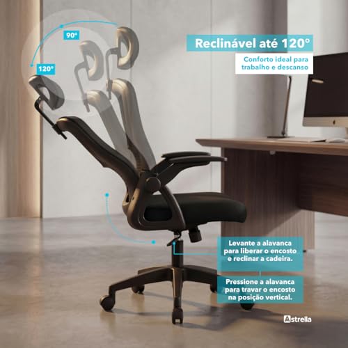 Cadeira de Escritório Astrella Nova Preta Ergonômica com Apoio de Cabeça e Braços 2D Articulados