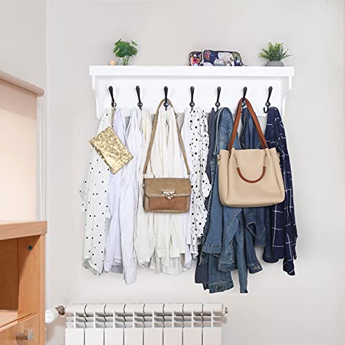 WEBI Coat Rack Wall Mount with Shelf,35’’ Long White Shelf with Hooks
