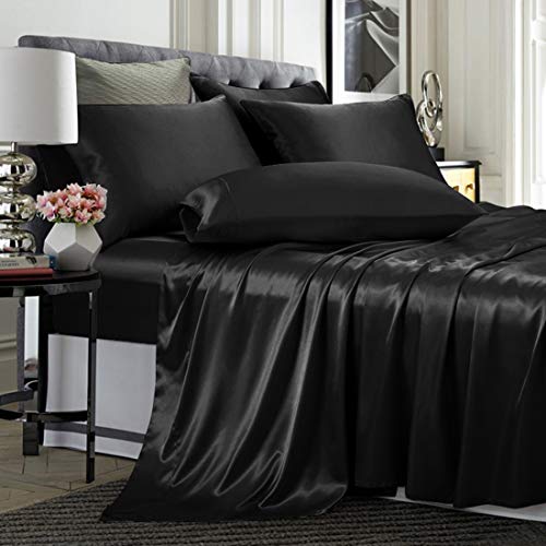 TREELY 6 Piece Satin Sheets Full Size Silky Smooth Black Satin Sheet