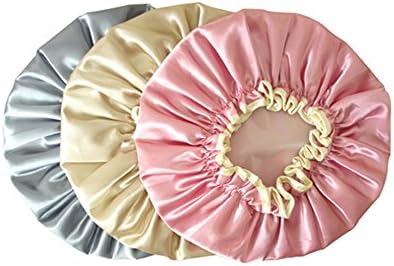 Waterproof Shower Cap Double Layer Bath Hair Cap Elastic Band Spa Shower Hat, Nylon Lined Lady Salon Hat (Pink Yellow Gray)
