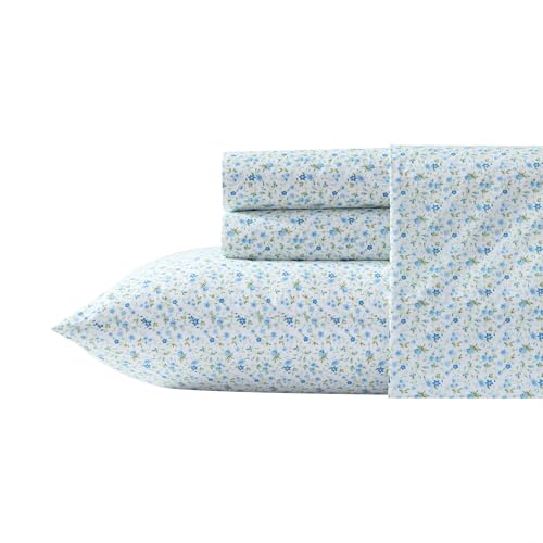 Laura Ashley - Full Sheets, Super Soft Cotton Percale Bedding Set with Match Pillowcases, Breathable Essentials (Evie Blue, Full)