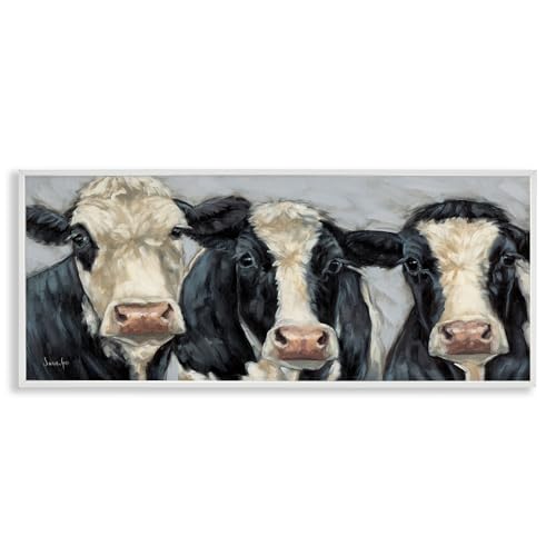 Stupell Industries 'Ink & Ivory Cow Trio', Framed Giclee Art, White, 30 x 13
