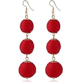 KaFu Threaded Ball Dangle Hook Bohemia Earrings Thread Wrapped Triple Balls Dangle Earrings Lantern Ball Tassel Cute Soriee Drop Earrings for Women (Red)