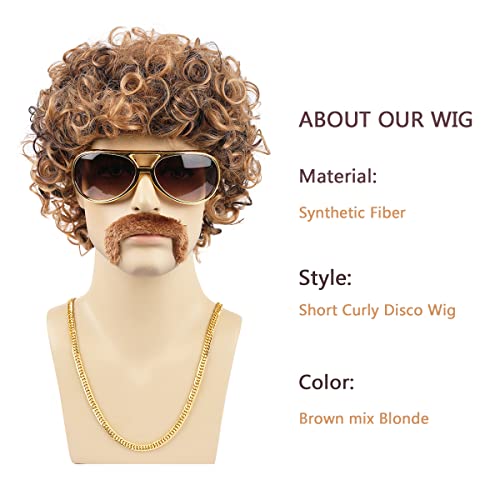 KEQISIQI Mens Wig 70s 80s Disco Costume Wig Set Afro Short Curly Brown with Blonde Synthetic Wig for Cosplay Party Halloween Fashion