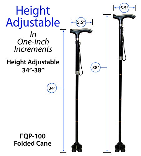 RMS Folding Cane with Quad Base - Foldable and Collapsible Quad Cane - Lightweight Aluminum Offset Cane - Adjustable Walking Stick with Wrist Strap and Ergonomic Derby Handle (Black)