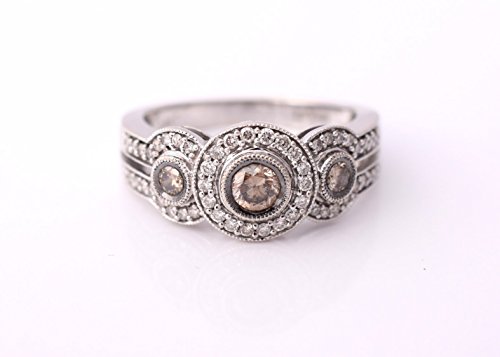 LeVian Halo 3 Diamonds / Stones Engagement Ring 0.70 ct Chocolate / Champagne and White Diamonds 14k White Gold Size 7