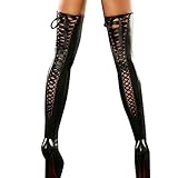 Letdown ,1Pair Sexy Women Comfortable Stretch PU Leather Material Lace Thigh-high Stockings Socks (Black)