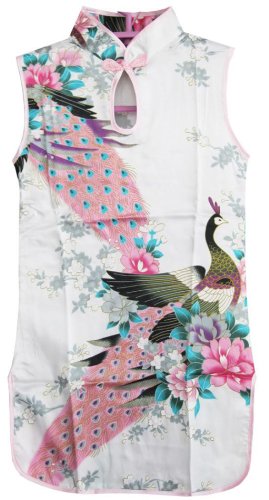 Sunny Fashion Girls Dress White Peacock Artificial Silk Cheongsam