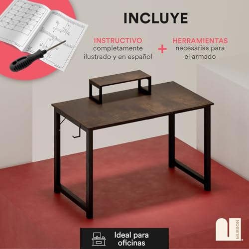 MUBSON Escritorio Minimalista Vintage con Base para Monitor. Mueble Gamer o de Oficina con Superficie de 120x60x74 de Madera MDF. Escritorio Elegante Radahn para Estudio y Trabajo (Cafe)