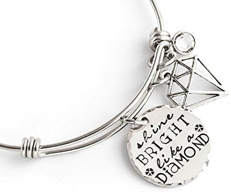 Shine Bright Like a Diamond Adjustable Bangle Charm Bracelet, Silver Hand Stamped Bangle Bracelet