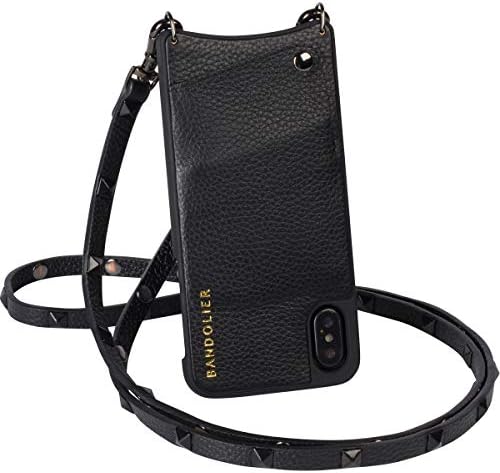 Bandolier [Sarah] Phone Case Compatible with iPhone X & XS - Black Authentic Designer Leather Cover & Integrated Discreet Wallet. Pewter Metal & Studded Cross Strap Hands-Free Drop Protection.