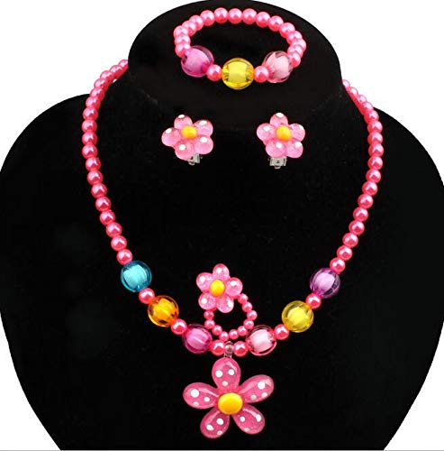 Larcenciel Kids Jewelry Flowers Necklace Bracelet Ring Earring Set Candy Colors Necklaces Children Play Pretend Dress Up (Rose)