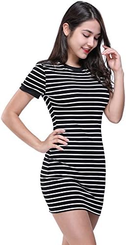 Fashion Women Fitted Bodycon Short Sleeve O Neck Striped Evening Party Dress
