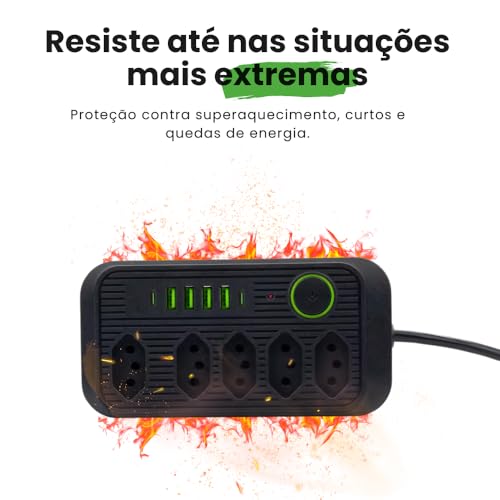 Extensão de Energia Filtro de Linha Régua de Energia com 5 Tomadas 4 USB-A e 2 USB Tipo-C Cabo 2 Metros Bivolt 110-220V Potência 2500W e Carregamento Inteligente Linha Premium (Preto)