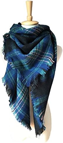 Womens Warm Tassels Plaid Scarf Fall Winter Soft Chunky Pashmina Tartan Blanket Wrap Shawl（Blue Black）