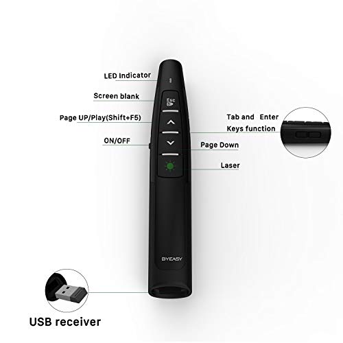 Wireless Presenter, BYEASY Presentation Clicker with Green Laser Pointer for Presentations, RF 2.4GHz PowerPoint Clicker Remote for PowerPoint Presentations and Google Slides- Black - Thumbnail 2