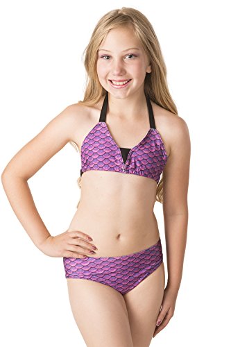 Fin Fun Mermaid Girls Scale Bikini Set - Asian Magenta Top and Bottom - Girls L