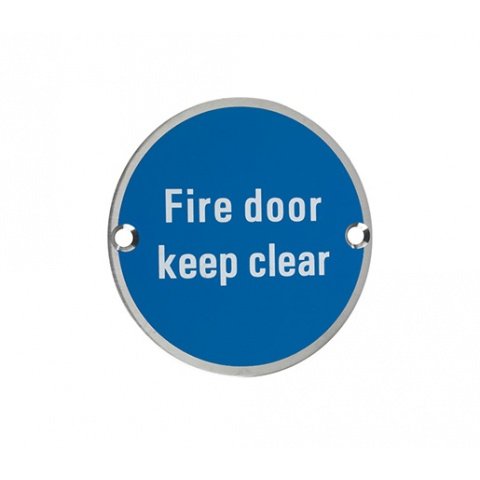 Fire Door Keep Clear Sign - Satin Stainless Steel / Blue Disc 76mm ZSS11SS