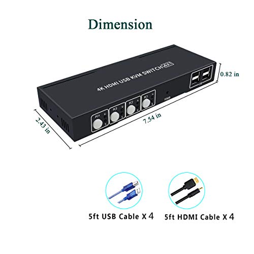 HDMI KVM Switch 4 Port with Hot Key Switch, UHD 4K@30Hz 3D 1080P Supported, Sharing by USB Keyboard and Mouse, 4 Input 1 Output, with 4 USB and 4 HDMI Cables - Thumbnail 5