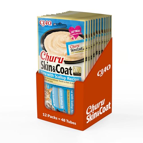 INABA Churu Skin & Coat Cat Treat - Tuna with Scallop - 12 Packs (48 x 14g total) / Soft & Creamy Treat, Delicious & Healthy Snack, Lickable Sticks, Puree Food Topper, Natural, Grain Free