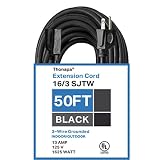 Thonapa 50 Ft Black Extension Cord - 16/3 Electrical Cable with 3 Prong Grounded Plug for Safety