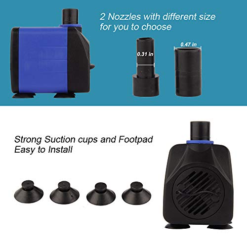 YCTECH 8W 158GPH Submersible Water Pump for Pond, Aquarium, Fish Tank Fountain Water Quiet Pump Hydroponics, with 2 Nozzles for Pond (8W 158GPH)