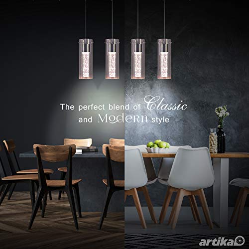 Artika OME59 4-Pendant Dimmable Light Fixture with Integrated Led and Premium Bubble Glass, Chrome Plated